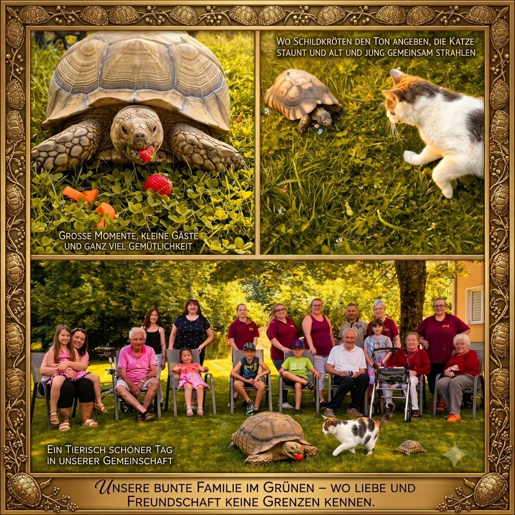 Bildcollage aus dem Garten: eine große Landschildkröte frisst Erdbeeren im Gras, eine Katze begrüßt eine kleinere Schildkröte, darunter ein Gruppenbild von Bewohnern, Angehörigen und Team auf der Wiese