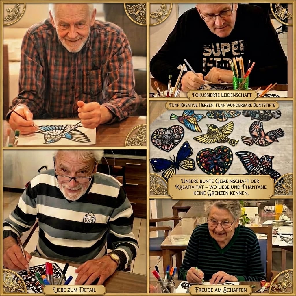 Bildcollage aus der Malrunde: mehrere Bewohner malen am Tisch Vögel, Schmetterlinge und Herzen mit Pinsel und Buntstiften aus, daneben die fertigen bunten Bilder