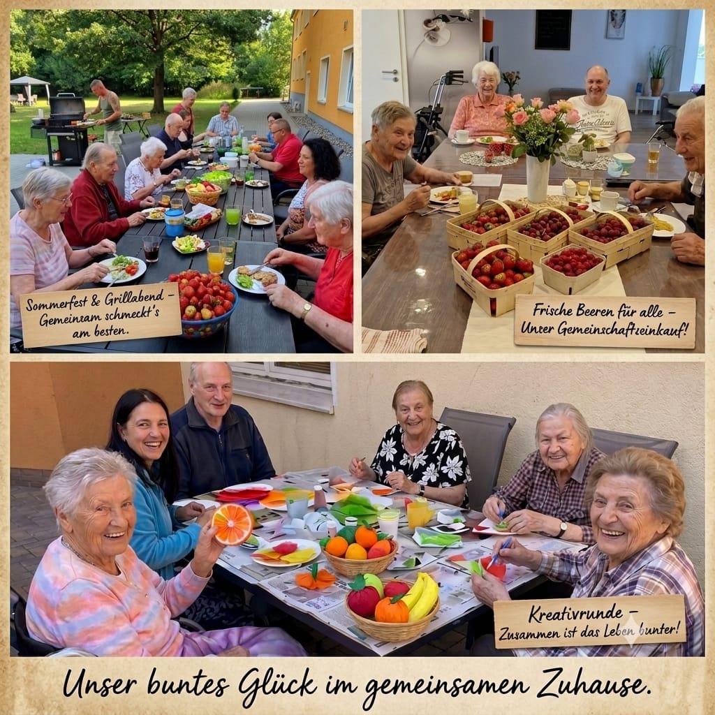 Bildcollage aus dem Alltag: Sommerfest und Grillabend an der langen Tafel im Garten, Kaffeetafel mit Körben voller frischer Erdbeeren und eine Kreativrunde, in der Bewohnerinnen Obst aus Filz basteln